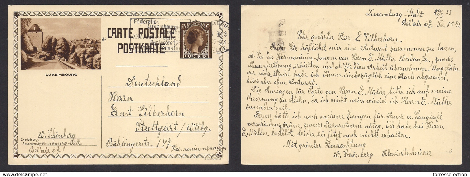 LUXEMBOURG. 1933 (29 March) Lux Stadt - Germany, Stuttgart 75c Brown Lux Illustr Stat Card. Fine Used. XSALE. - Sonstige & Ohne Zuordnung