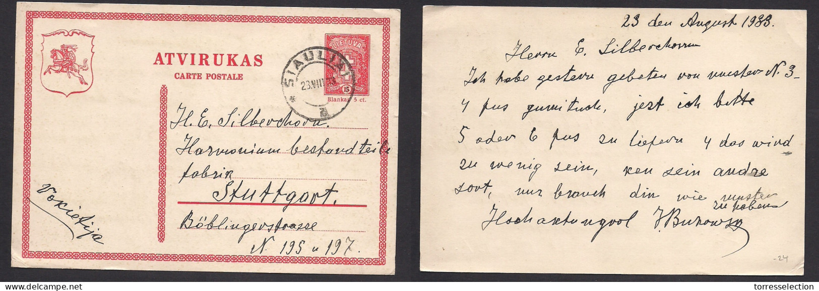 LITHUANIA. 1933 (28 Aug) Siauliai - Germany, Stuttgart. 5c Red Stat Card. Fine Used. XSALE. - Lituania