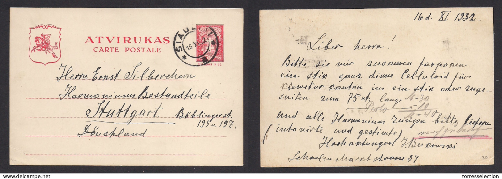 LITHUANIA. 1932 (16 Nov) SIAULIAI - Stuttgart, Germany. 5c Red Stat Card. Fine Used. XSALE. - Litauen