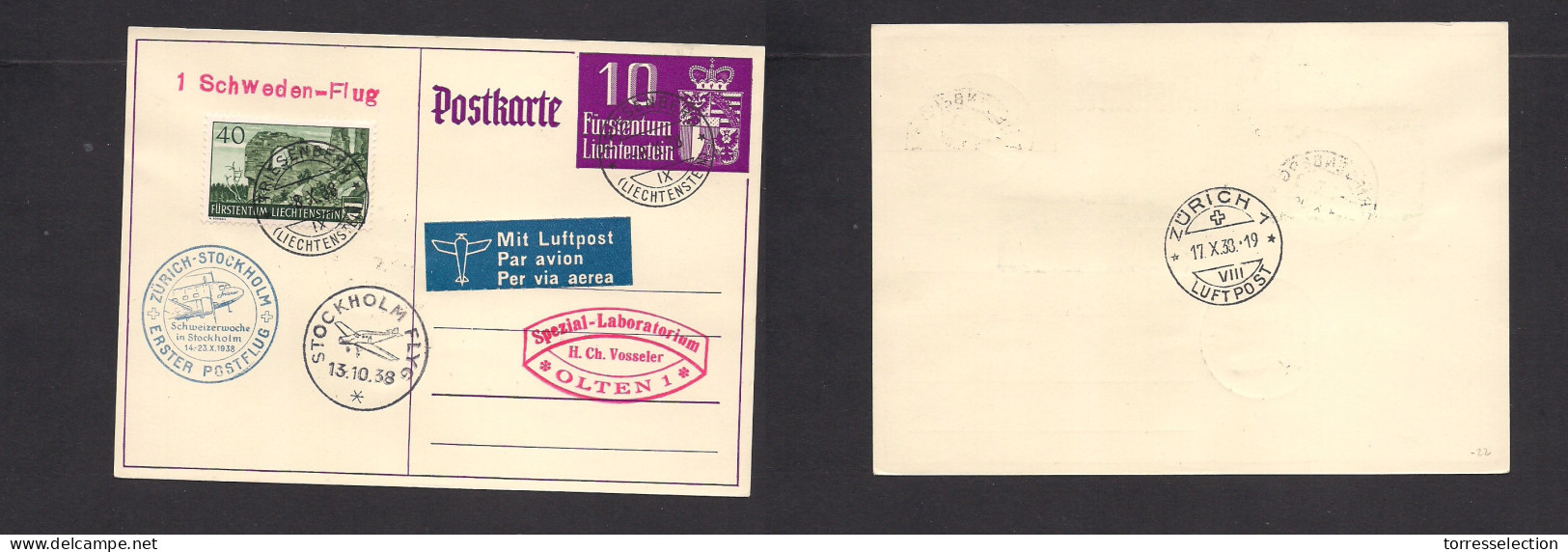 LIECHTENSTEIN. 1938 (8 Oct) Riesenberg - Olten. 10c Lilac + Adtl Stat Card. 1sh Flight Zurich - Stockholn / Sweden. VF.  - Other & Unclassified