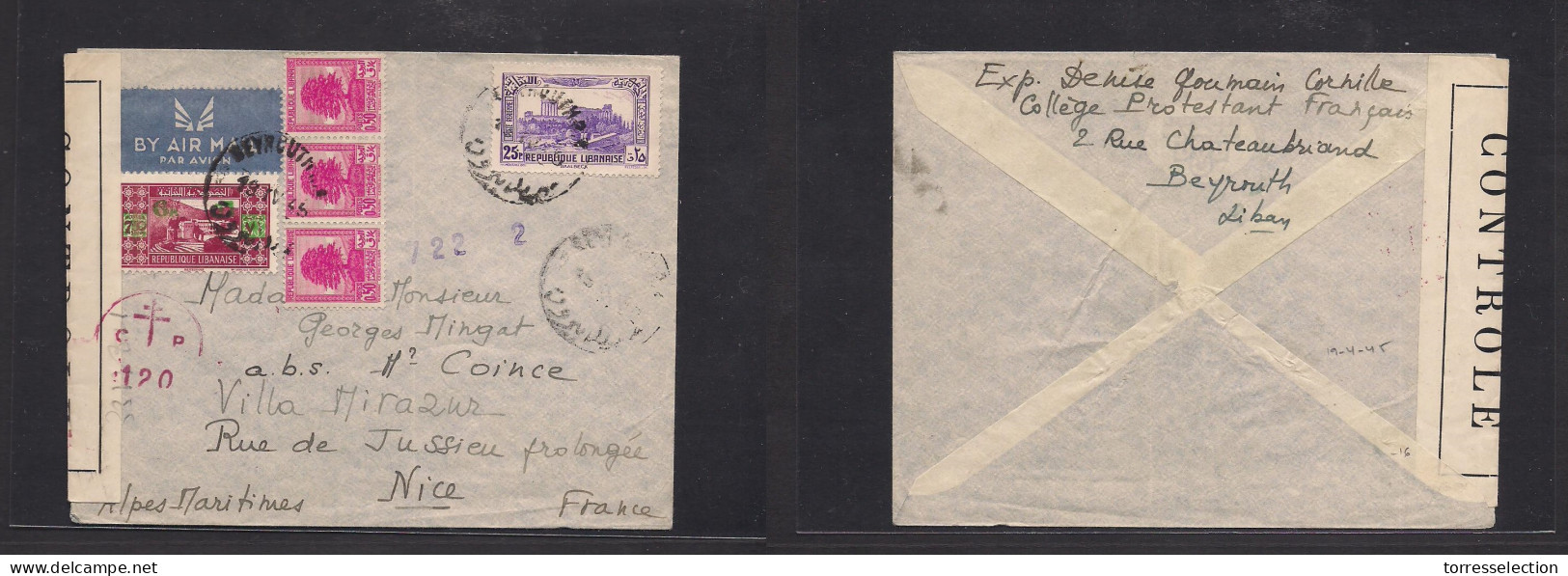 LEBANON. 1945 (19 Apr) Beyrouth - France, Nice. Air Censored Multifkd Env Incl Ovptd Issue. Fine. XSALE. - Libanon