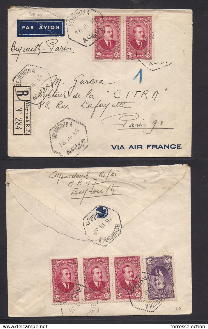 LEBANON. 1938 (16 March) Beyrouth A - France, Paris. Registered Air Multifkd Front And Reverse Envelope (stamp Missing I - Liban
