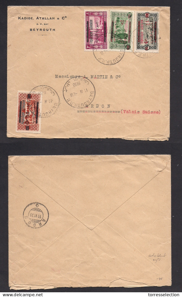 LEBANON. 1930 (4 June) Beyrouth - Switzerland, Ardon. Multifkd Ovptd Issue Envelope. Comercial. Fine. Red + Black Overpr - Liban