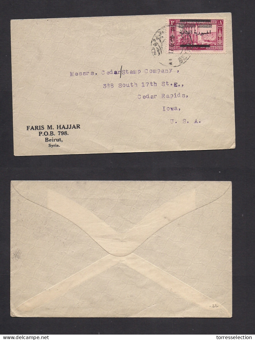 LEBANON. 1929 (17 June) Beyrouth - USA, Iowa, Cedar Rupids. Single Ovptd Env, Bilingual Cachet. Fine. XSALE. - Liban