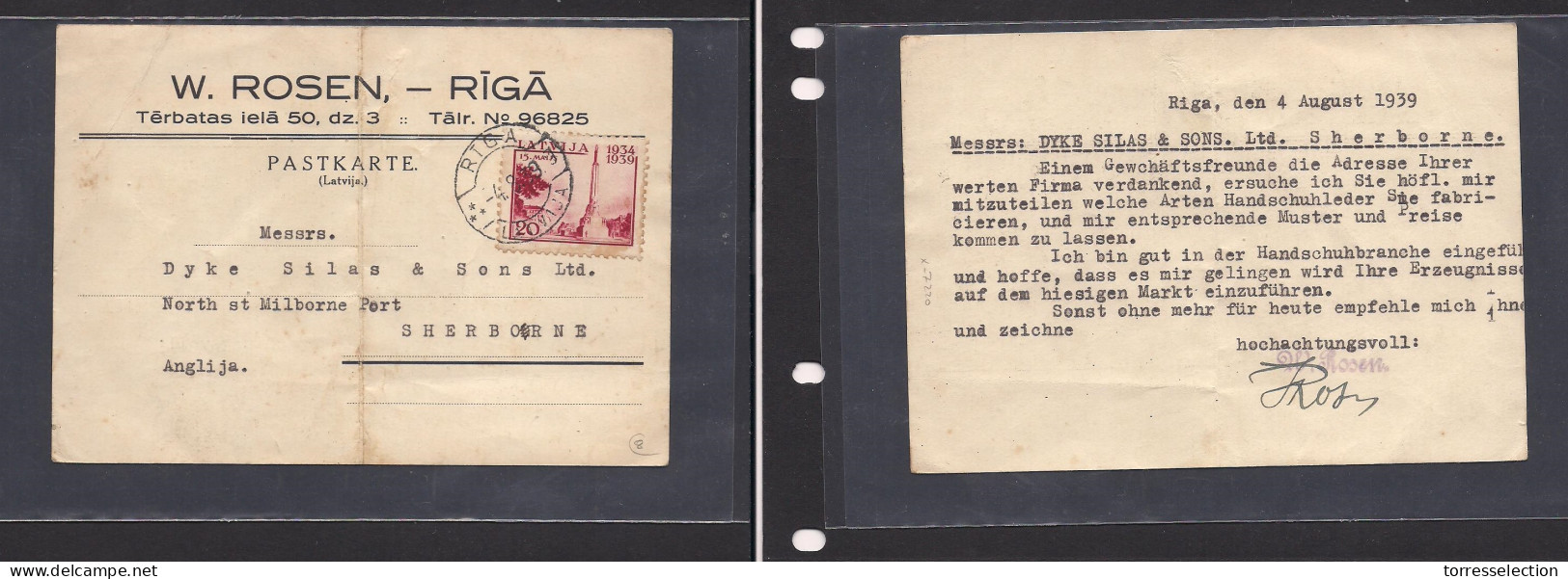 LATVIA. Latvia Cover 1939 Riga To Sherbone Fkd Priv Card. Easy Deal. XSALE. - Latvia
