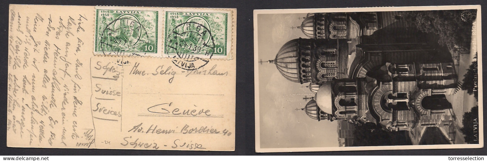 LATVIA. 1939 (24 Jan) Riga - Switzerland, Geneve. Multifkd Pcard. Fine Used. XSALE. - Latvia