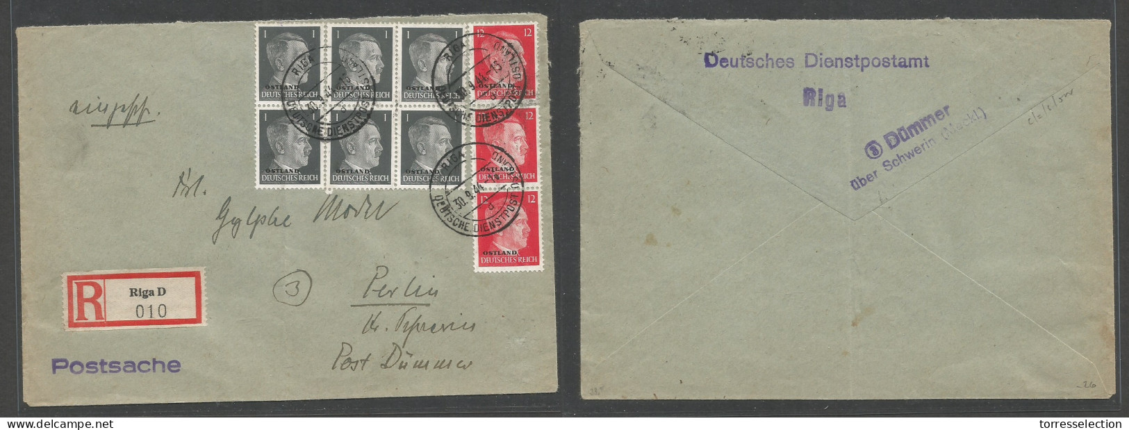 LATVIA. 1944 (30 Sept) Nazi Occup. Riga - Germany, Dummer, Uber Schwerin Meckl. Registered Hitler Ovptd Multifkd Env. VF - Latvia