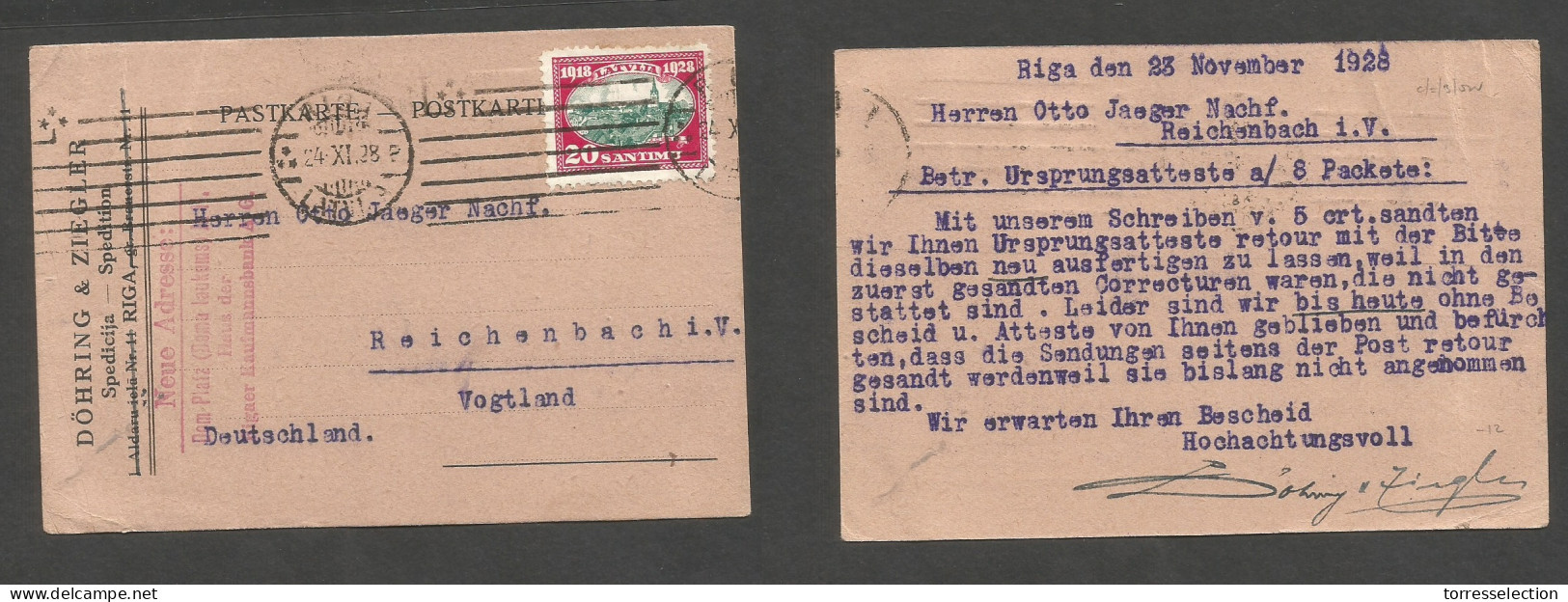 LATVIA. 1928 (24 Nov) Riga - Germany, Vogtland. Fkd Card, Rolling Cachet, Comercial. XSALE. - Lettonie