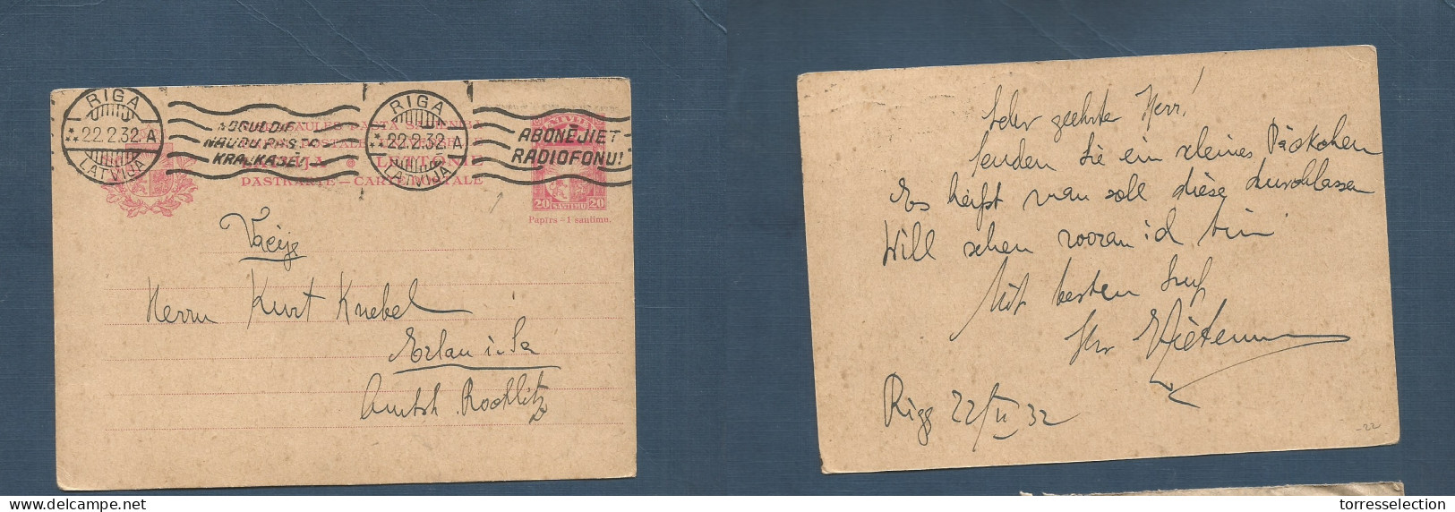 LATVIA. 1932 (22 Feb) Riga - Erlaniila, Rochlitz. 20s Rose Stat Card + Rolling Slogan Cachet. Fine. XSALE. - Lettland