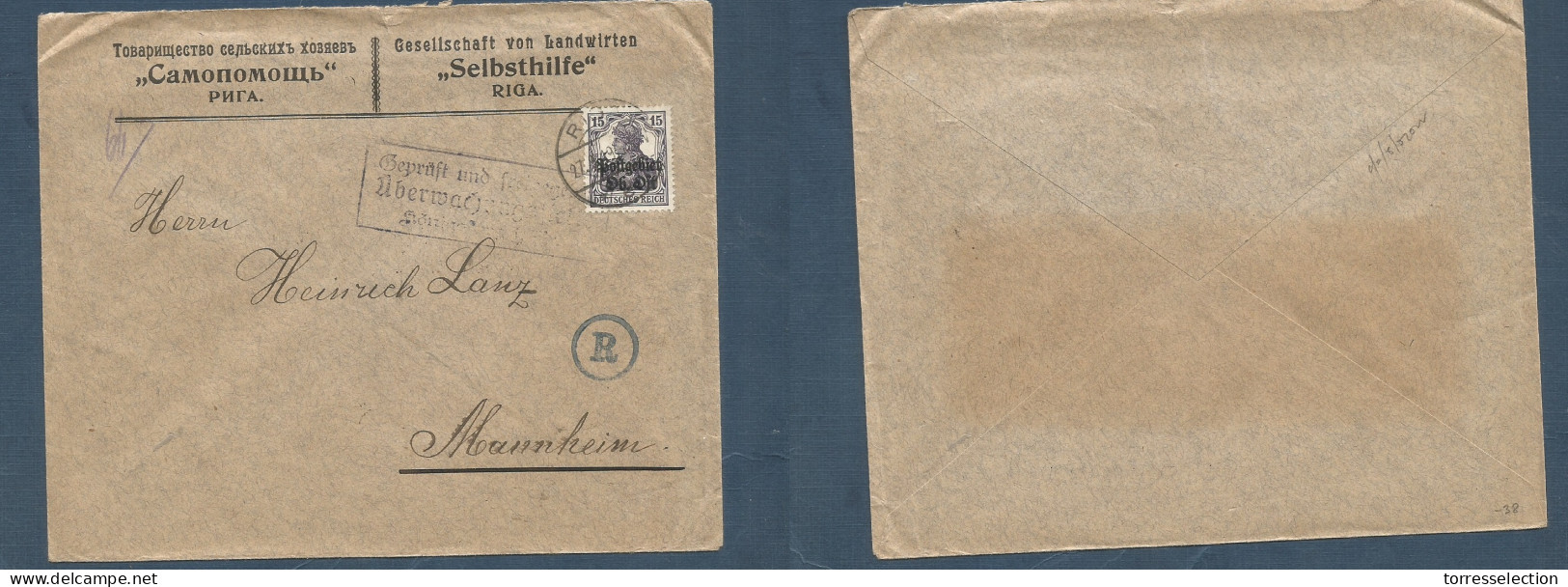 LATVIA. 1919 (27 Sept) German Occup. Germania Ovptd. Riga - Mannheim. Comercial Single Fkd + WWI Censored Envelope, Tied - Lettonie