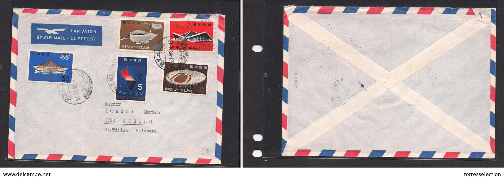 JAPAN. Japan - Cover - 1964 Tokyo Air Mult Fkd Env To Switz Ticino Airolo, Nice Olypics. Easy Deal. XSALE. - Other & Unclassified