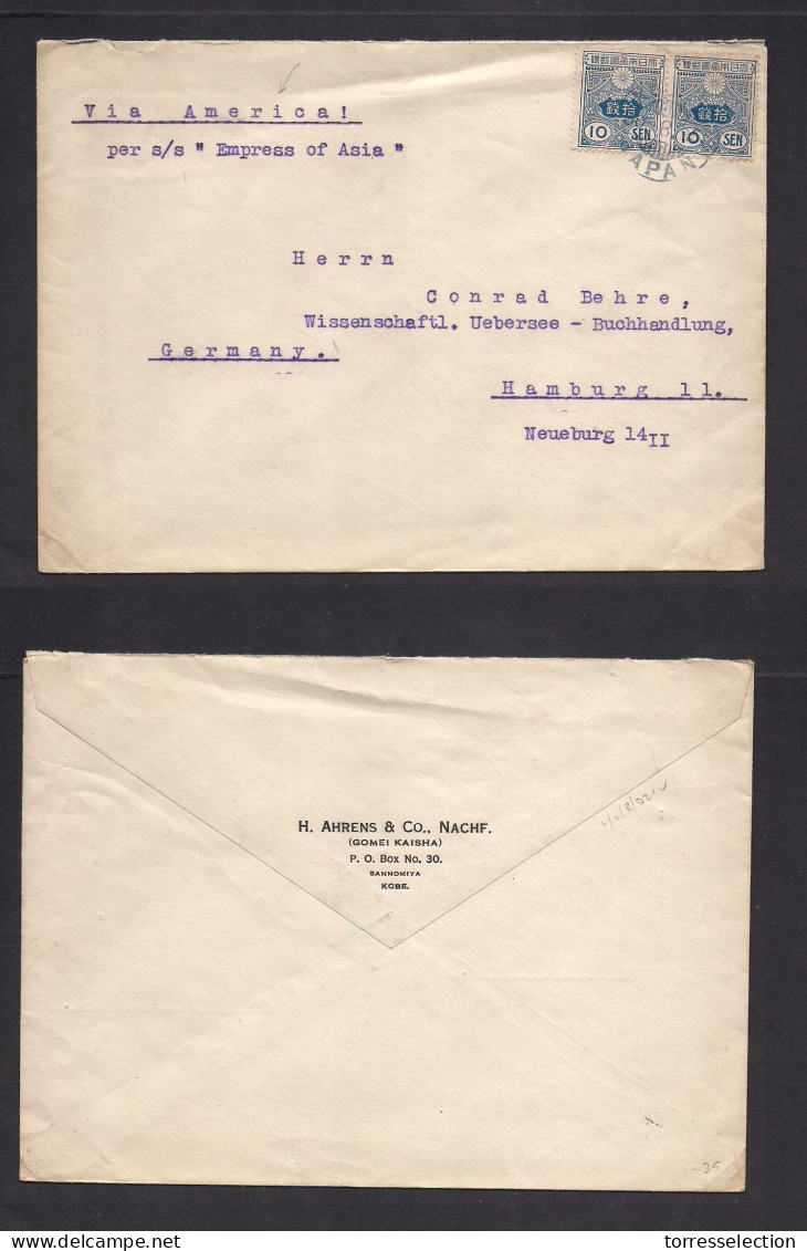 JAPAN. 1925 (30 Aug) Kobe - Germany, Hamburg. Via America "Express Of Asia" Multifkd Env. XSALE. - Autres & Non Classés
