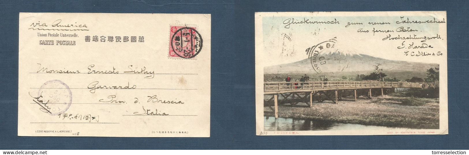 JAPAN. 1902 (26 Dec) Kamitakaya Mont Fuji - Italy, Garvardo Via America Color Local Early Fkd Card 4 Seal, Depart Native - Other & Unclassified