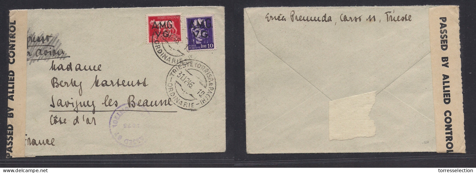 Italy - XX. 1946 (31 Dec) AMG. VG. Trieste - France, Savigny. Multifkd Allied Censored Envelope. XSALE. - Non Classés