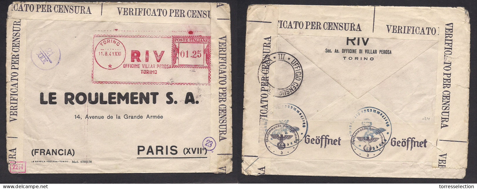 Italy - XX. 1941 (11 Aug) Torino - France, Paris. Comercial RIV Machine Fkd Env + Italian And Nazi Censor Cachets. XSALE - Non Classés