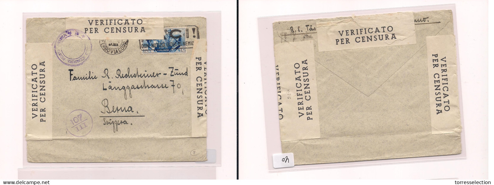 ITALY. Cover -  1941 WW2 Slogan Cachet Fkd Env To Switz+censored Labels. Beauty. Easy Deal. XSALE. - Unclassified