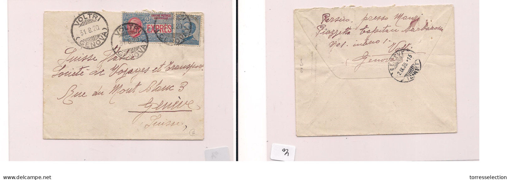 ITALY. Cover -  1920 Voltri To Switz Geneve Express Fkd Env. Easy Deal. XSALE. - Ohne Zuordnung