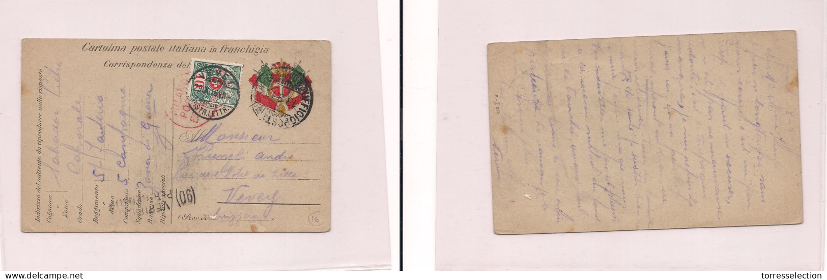 ITALY. Cover -  1916 WW1 Zona Di Guerra To Vevey Switz Illustr FM Card Taxed Arrival Post Due Tied. Easy Deal. XSALE. - Unclassified