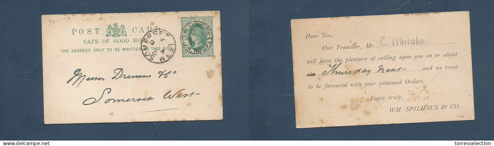 SOUTH AFRICA. 1896 (Dec 15) CGH. GPO - Somerset West (Dec 15) 1/2d Green Stat Card. Fine Used. XSALE. - Other & Unclassified