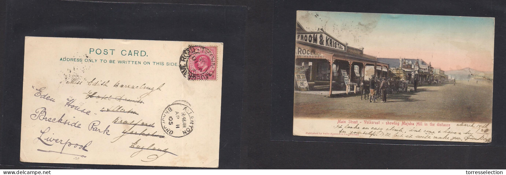 SOUTH AFRICA. 1905 (March 18) Musgrave Rd, Natal - UK, Liverpool. Fkd Ppc. Main Street Volkstrust. XSALE. - Autres & Non Classés