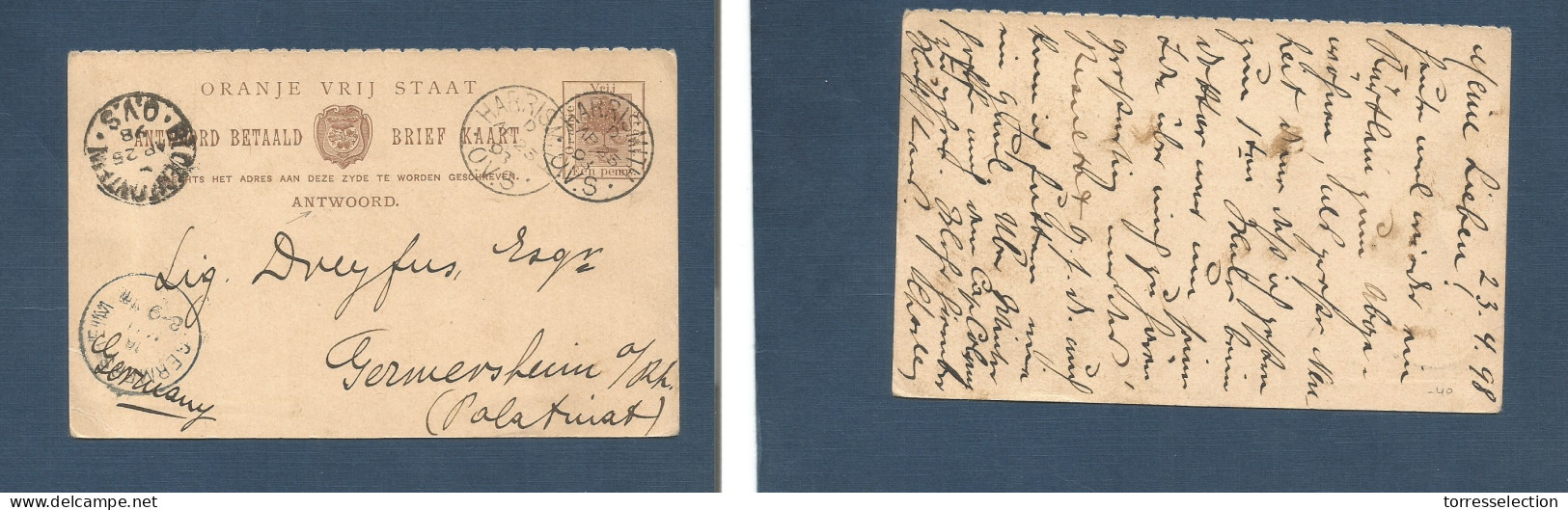 SOUTH AFRICA. 1898 (23 April) VRI. Harrismith - Germany, Germersheim (16 May) 1d Brown Stat Card. Via Bloemfontain (25 A - Autres & Non Classés