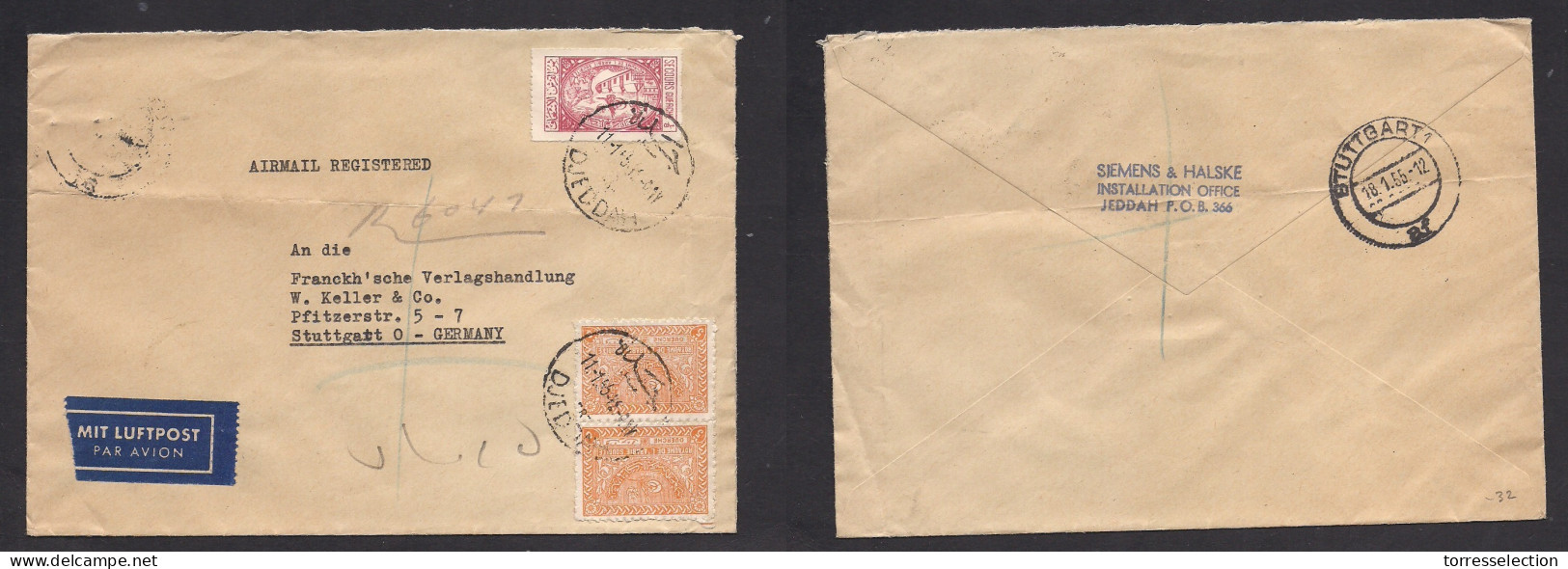SAUDI ARABIA. 1955 (11 Jan) Djeddah - Stuttgart, Germany (18 Jan) Airmail Registered Multifkd Env. Fine. XSALE. - Saudi Arabia