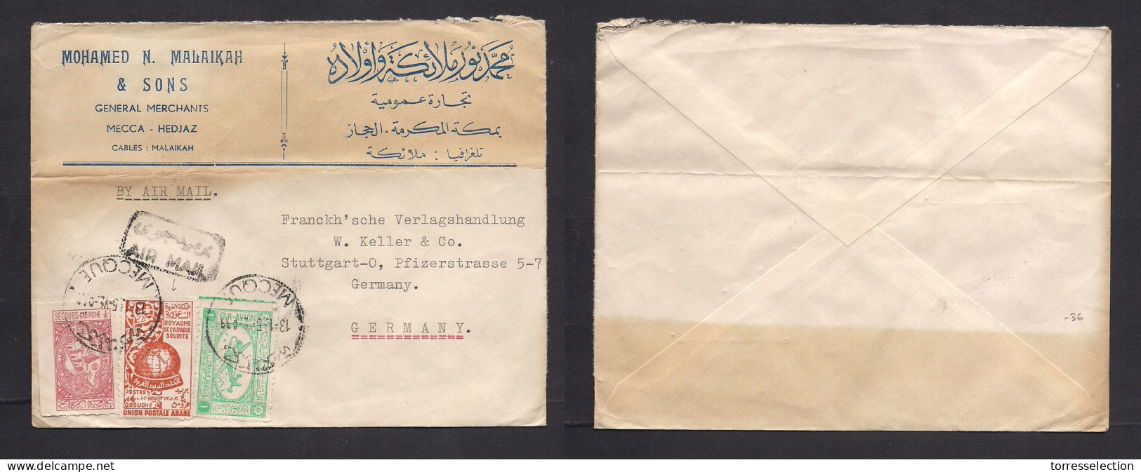 SAUDI ARABIA. 1955 (13 Jan) Mecque - Germany, Stuttgart Bilingual Illustrated Airmail Comercial Multifkd Envelope Inded  - Saudi Arabia