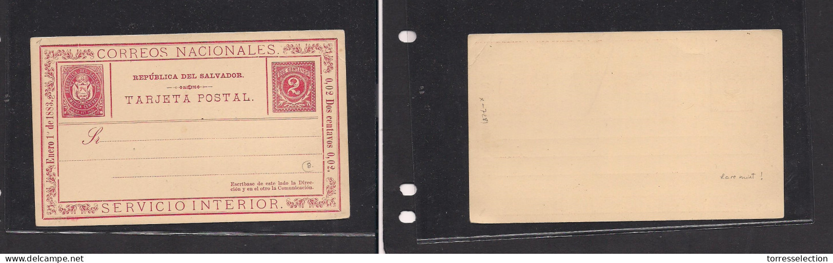 SALVADOR, EL. Salvador Cover 1883 Early Mint Stat Card 2c Red, Very Scarce So Fine. Easy Deal. XSALE. - El Salvador