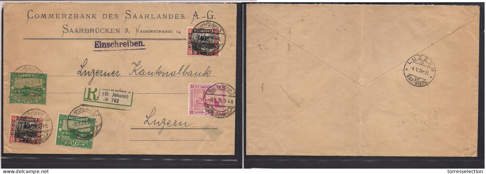 Sarre. 1924 (3 May) St. Johann - Switzerland, Luzern (4 May) Registered Multifkd Env. XSALE. - Other & Unclassified