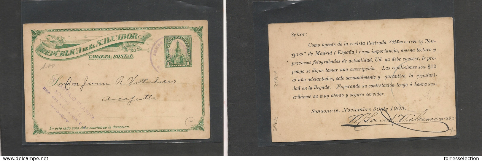 SALVADOR, EL. Salvador Cover - 1903 Sonsonate To Acatjula 1c Green Printed Stat Cardprivate Message Scarce So XSALE. - Salvador