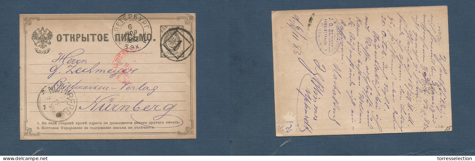 RUSSIA. 1883 (6/18 Nov) St. Petgersburg - Germany, Nuremberg. 3k Black Stat Card. Fine Used. XSALE. - Other & Unclassified