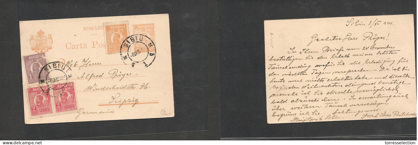ROMANIA. Romania Cover 1924 Sibiu To Leipzig Germany Stat Card+4 Adtls Vf. Easy Deal. XSALE. - Altri & Non Classificati