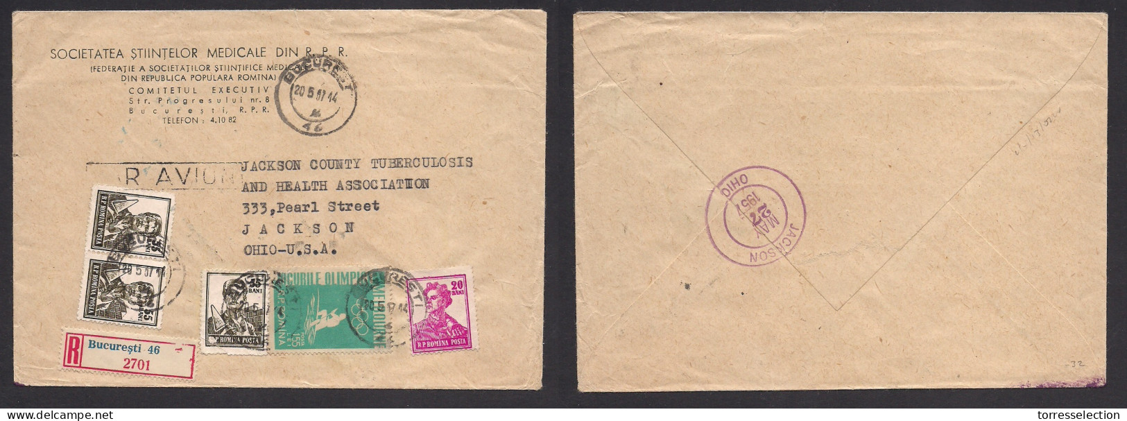 ROMANIA. 1957 (20 May) Bucarest - USA, OH, Jackson (27 May) Registered Airmail Multifkd Env. Olympics. XSALE. - Other & Unclassified