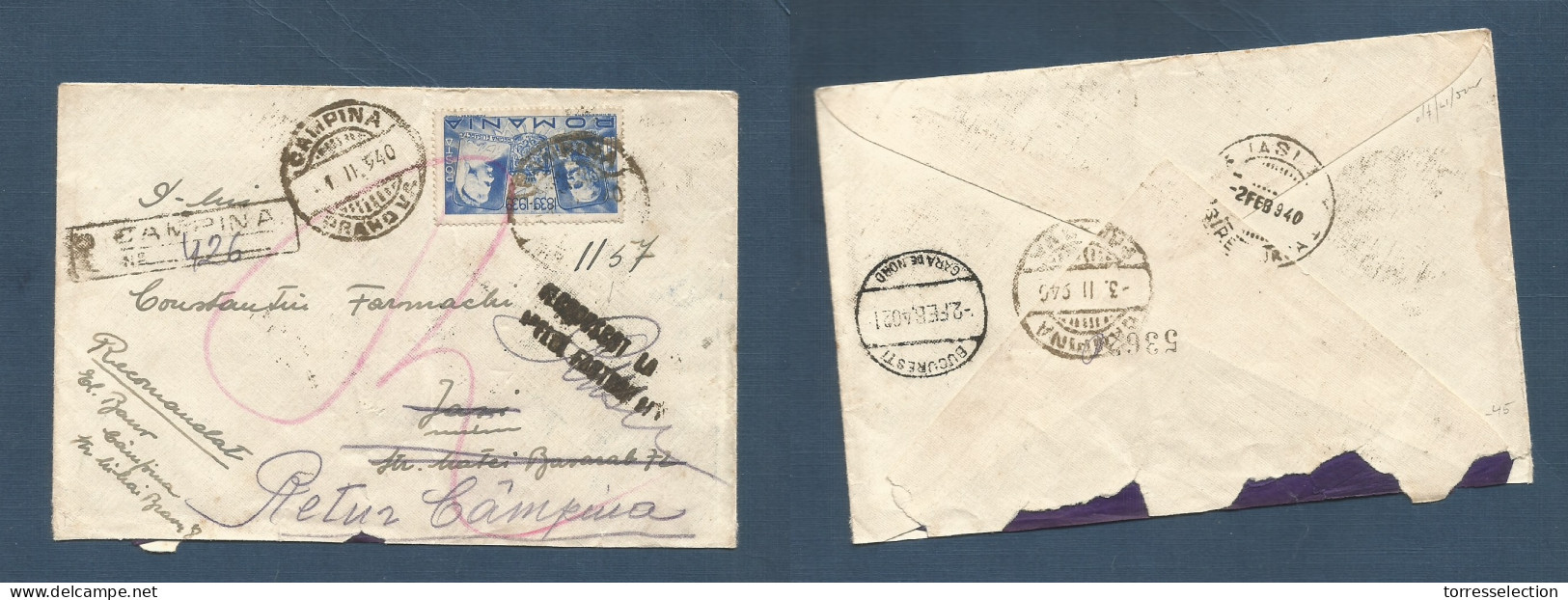 ROMANIA. 1940 (1 Feb) Campina - Jassy. Registered + Retour Fkd Env. Reverse Transited. XSALE. - Other & Unclassified