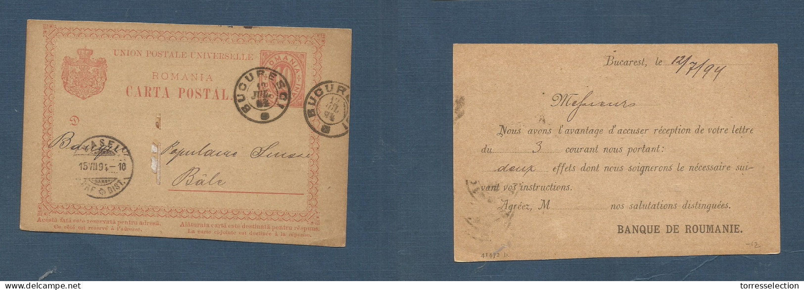 ROMANIA. 1894 (12 July) Bucarest - Switzerland, Basel (15 July) 10b Red Orange Stat Card. Fine Used Reverse Private Prin - Andere & Zonder Classificatie