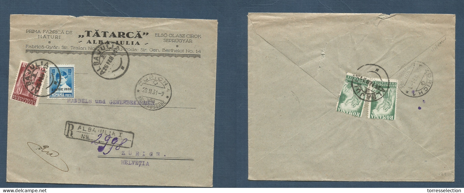 ROMANIA. 1931 (25 Feb) Alha Julia - Switzerland, Zurich (28 Feb) Registered Multifkd Illustrated Comercial Envelope. Rev - Autres & Non Classés