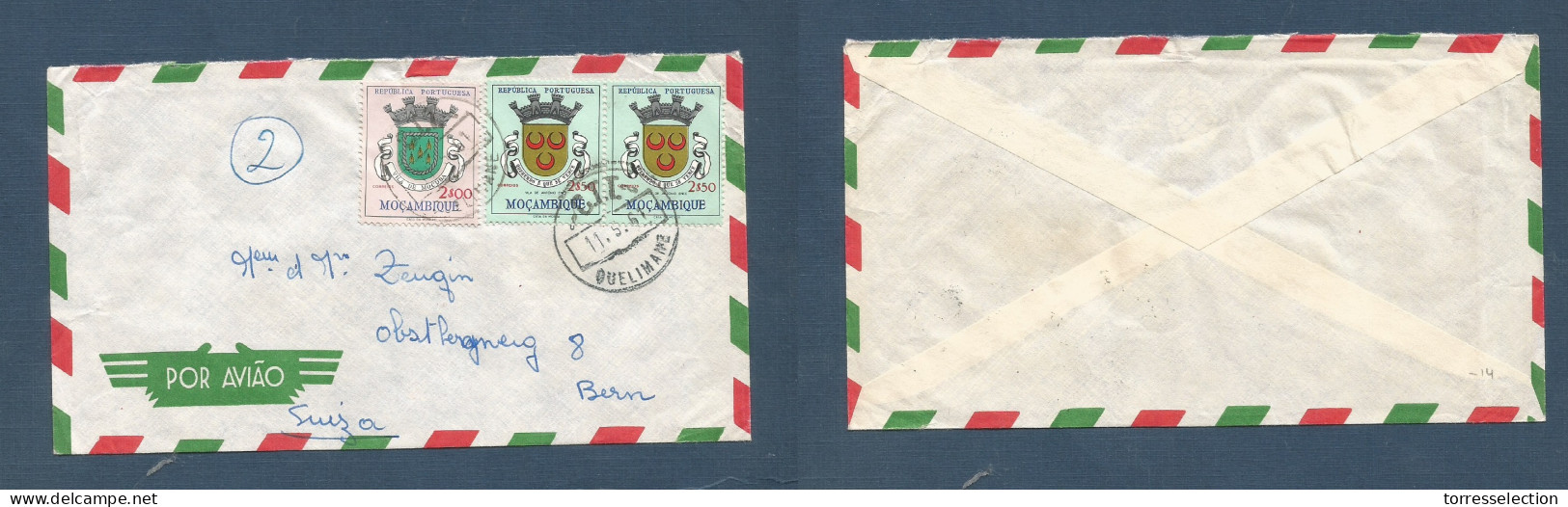 PORTUGAL-MOZAMBIQUE. 1961 (11 May) Quelimane - Switzerland, Bern. Air Multifkd Env, At 7 Esc Rate, Tied Cds. Shields. VF - Other & Unclassified