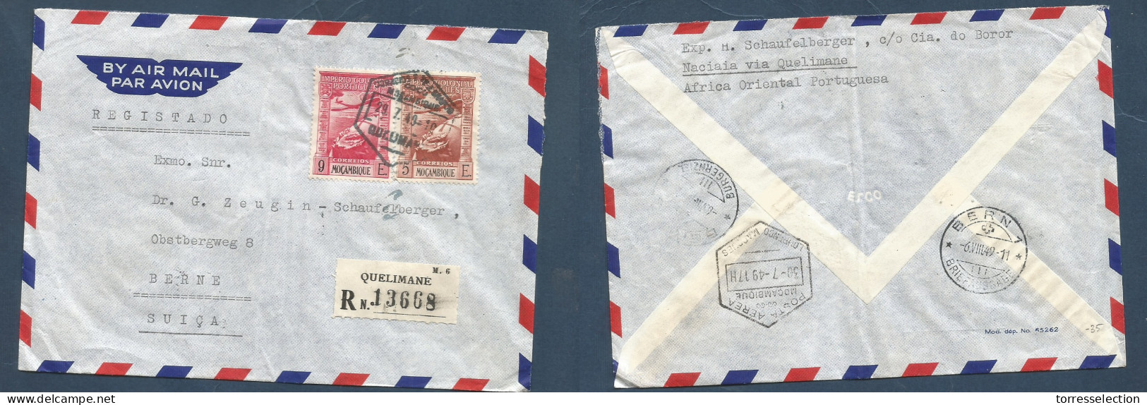 PORTUGAL-MOZAMBIQUE. 1949 (29 July) Quelimane - Switzerland, Bern (6 Aug) Via L. Marques. Registered Multifkd Airmail En - Altri & Non Classificati