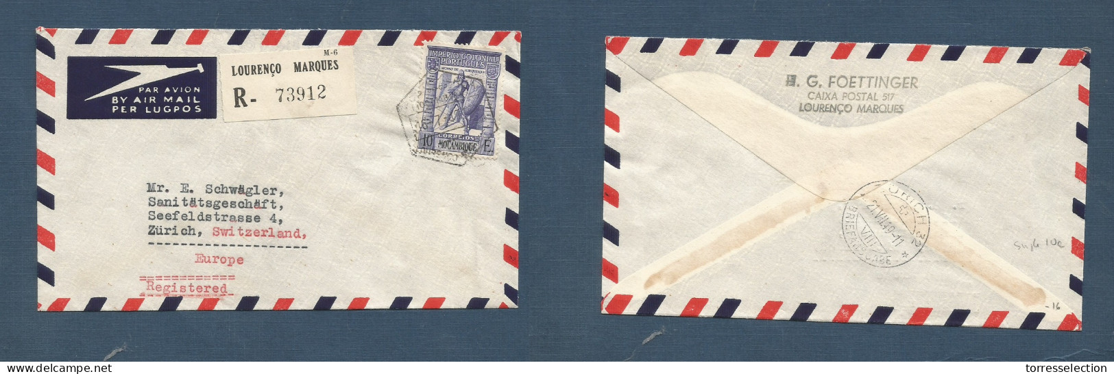 PORTUGAL-MOZAMBIQUE. 1949 (16 July) L. Marques - Switzerland, Zurich (21 July) Single 10 Esc Airmail Registered Envelope - Other & Unclassified