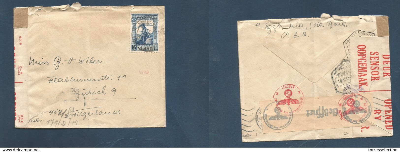 PORTUGAL-MOZAMBIQUE. 1943 (Oct) Caia - Switzerland. 1,75 Esc Rate Fkd WWII S. African Censored Envelope + Nazi Censored  - Autres & Non Classés