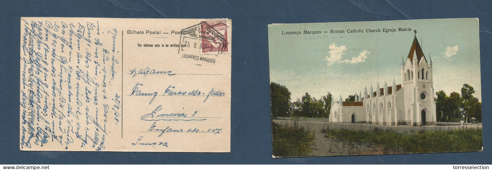 PORTUGAL-MOZAMBIQUE. 1938 (25 Aug) L. Marques - Switzerland, Zurich 1 Esc Luisiadas Tied Hexag Ds Fkd Early Church Ppc.  - Andere & Zonder Classificatie