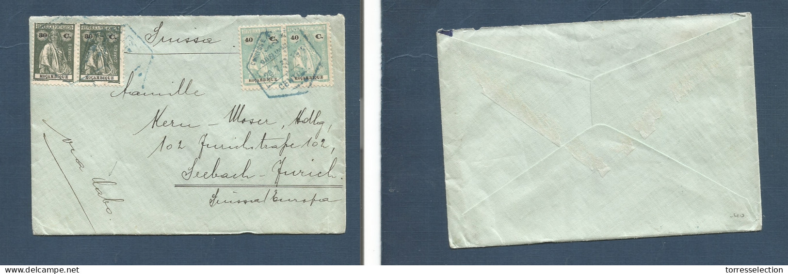 PORTUGAL-MOZAMBIQUE. 1933 (20 July) Quelmane - Switzerland, Seebach. Via Cape. Multifkd Ceres Issue Envelope At 1,40 Esc - Other & Unclassified