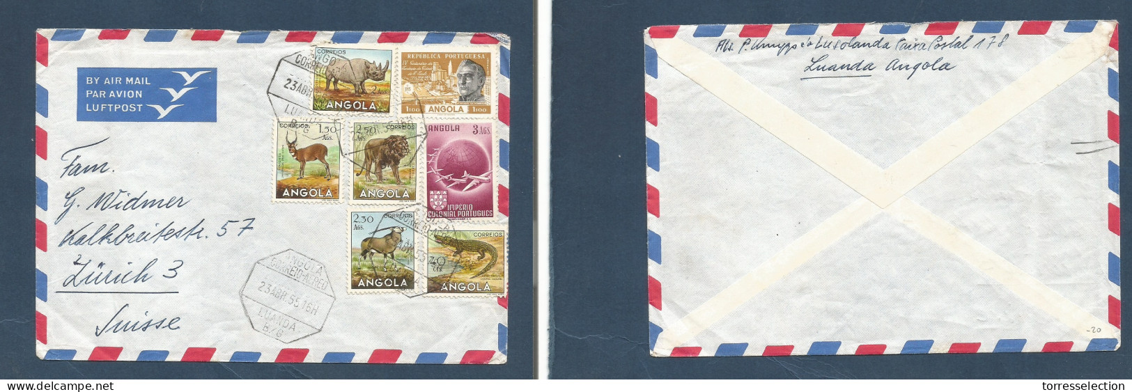 PORTUGAL-ANGOLA. 1955 (23 Apr) Luanda - Swtizerland, Zurich. Air Multifkd Env At 13,70 Ags Rate, Tied Ds. Fine Fauna Etc - Other & Unclassified