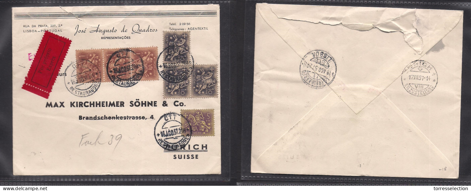 Portugal - XX. 1957 (16 Aug) Restauradores - Switzerland, Zurich. King Dinis Express Multifkd Envelope. XSALE. - Other & Unclassified