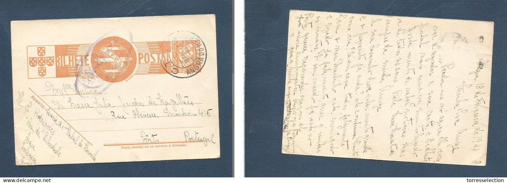 PORTUGAL - Stationery. 1944 (18 Febr) Angra, Azores - Porto $30 Orange Brown Tudo Pela Naçao Censored Stationery Card. F - Other & Unclassified