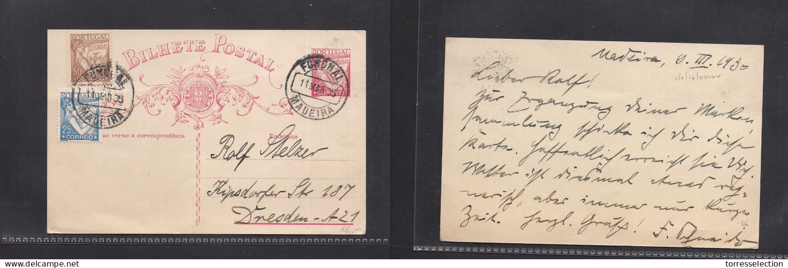 PORTUGAL - Stationery. 1936 (11 March) Funchal, Madeira - Germany, Dresden. 25c Red Luziadas Stat Card + 2 Adtls. XSALE. - Altri & Non Classificati