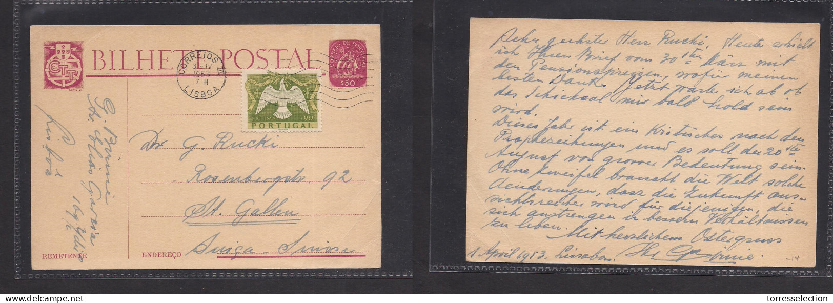 PORTUGAL - Stationery. 1953 (3 Apr) Lisboa - Switzerland, St. Gallen. Caravela $50 Stat Card + Adtl. Fine Used. XSALE. - Altri & Non Classificati