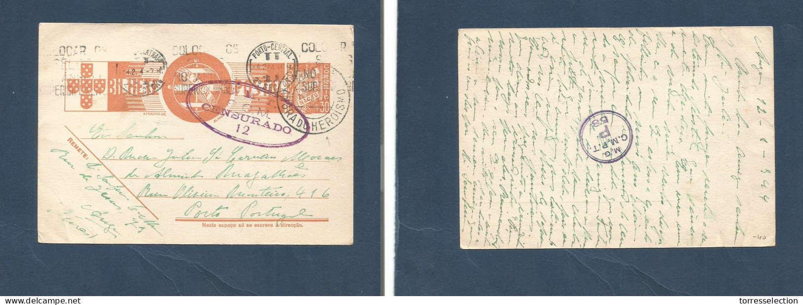 PORTUGAL - Stationery. 1944 (12 Jan) Angra, Azores - Porto (4 Febr) $30 Reddish Stat Card, Doble Censor Cachets. Fine Us - Autres & Non Classés