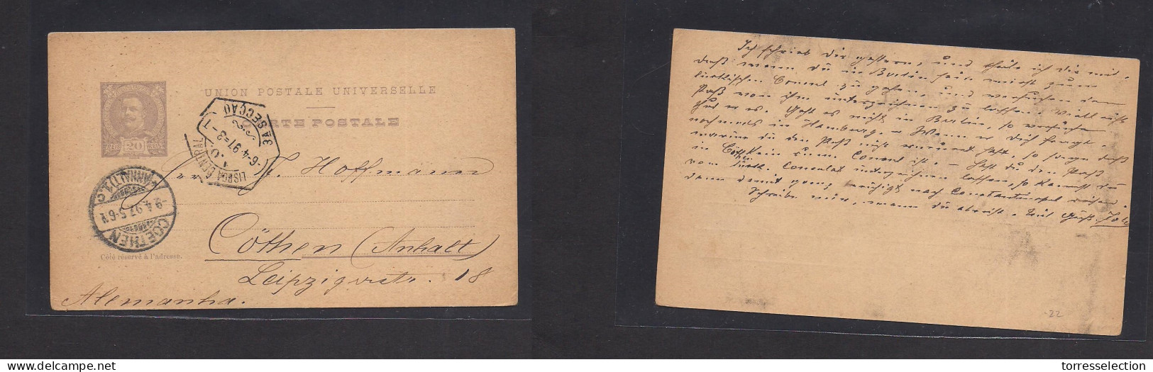 PORTUGAL - Stationery. 1897 (6 Apr) Lisboa - Germany, Coethen (9 Apr) 20rs Lilac Stat Card. Fine Used. XSALE. - Sonstige & Ohne Zuordnung