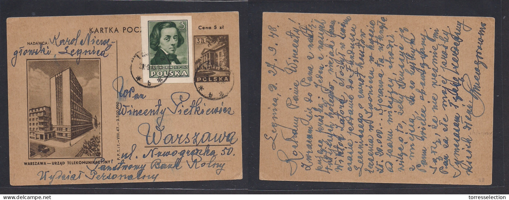 POLAND. 1948 (27 Sept) Legniza - Warsaw Illustr 3st. Telecomunications Buildings + Adtl Stat Card, Tied Cds. Fine. XSALE - Other & Unclassified